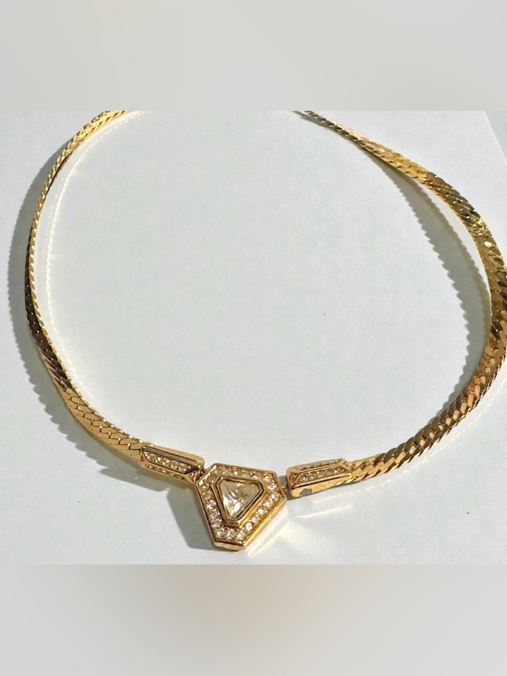 Dior Vintage Signed 18K Gold Plated Crystal Pendant Herringbone Choker Authentic